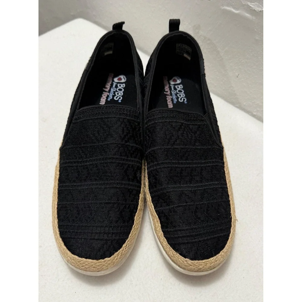 Skechers BOBS Women Black Crochet Espadrille Slip On Flats Memory Foam SZ 10